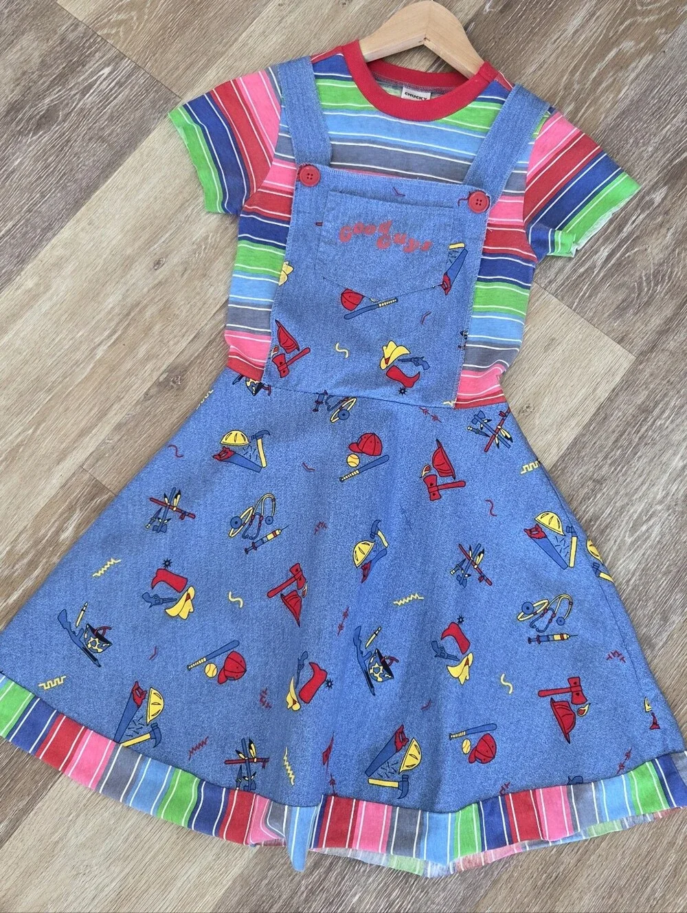 Chucky Good Guys Girls Costume Sz Lg Velcro Suspenders Stripes Cosplay Overalls